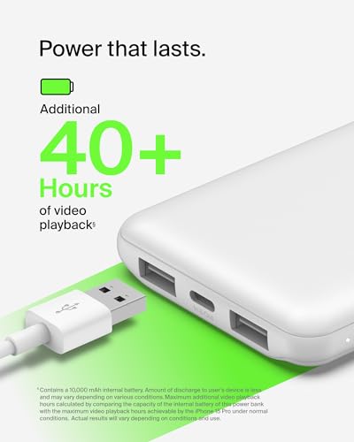 Belkin 10000mAh 15W 3 Port Power Bank, USB A to USB C Cable Included | Fast Charging, iPhone 17, Samsung Galaxy, Pixel, Airpods, iPad, Nintendo Switch 2, Battery Pack, USB C Port, USB A Port - color: White