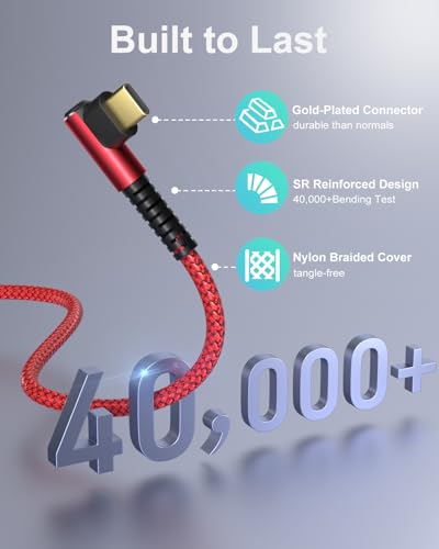 USB C to USB C Cable 10ft, Right Angle 60W/3A Ultra Long - color: Red Red
