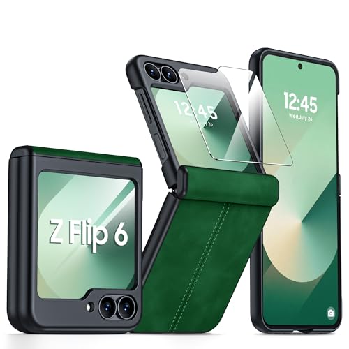 for Samsung Galaxy Z Flip 6 Case/Z Flip 7 FE Case with Hinge Protection & Built-in Screen Protector, Ultra Thin Leather Shockproof Cover Phone Case for Galaxy Z Flip 6/Z Flip 7 FE-Green - color: Green, size: Z Flip 7 FE/Z Flip 6