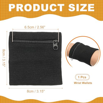 Wrist Wallet Wristband with Zipper, Cotton Wrist SweatBands Sports Absorb Sweat - color: Black