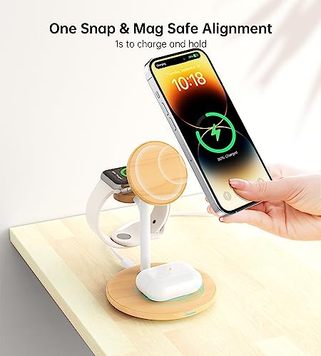 3 in 1 Magnetic Wireless Charging Station for Apple Devices,15W for Magsafe - color: Yellow Woodgrain