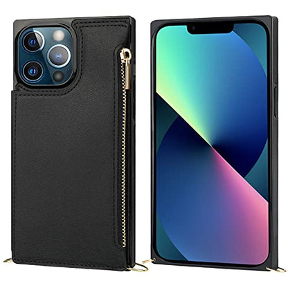 Bocasal Crossbody Wallet Case for iPhone 13 Pro with RFID Blocking Card Slot Holder, Magnetic Flip Folio Purse Case, PU Leather Zipper Handbag with Detachable Lanyard Strap 6.1 Inch 5G (Black) - color: Black