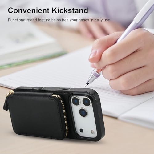 Bocasal Multi-Slot Crossbody Wallet Case for iPhone 17 Pro Max, Black | RFID Blocking PU Leather Purse Case with Card Holder, Handbag Flip Cover with Zipper Wrist Strap Lanyard for Women 6.9 Inch - color: Black