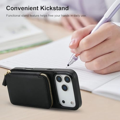 Bocasal Multi-Slot Crossbody Wallet Case for iPhone 17 Pro Max, Black | RFID Blocking PU Leather Purse Case with Card Holder, Handbag Flip Cover with Zipper Wrist Strap Lanyard for Women 6.9 Inch - color: Black