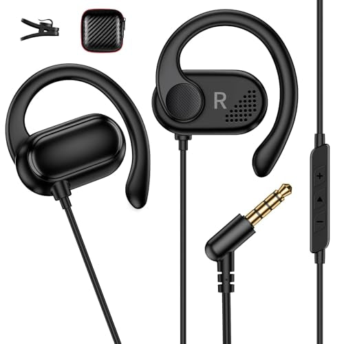 Open Ear Wired Earbuds 3.5mm Headphone with Mic Right Angled Ear Hook Black