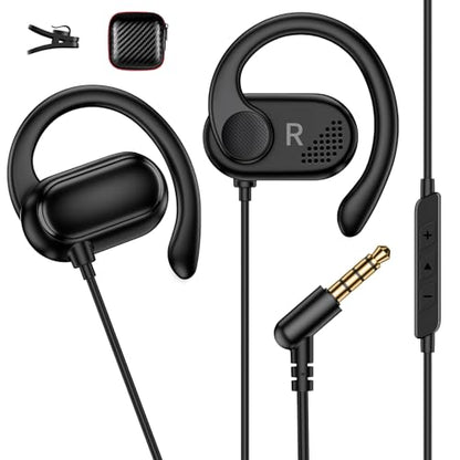 Open Ear Wired Earbuds 3.5mm Headphone with Mic Right Angled Ear Hook Black