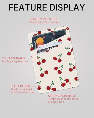Phone Card Holder, Dual Pocket Leather Phone Wallet Adhesive Stick On, Cute Card Holder, Credit Card Holder for Phone Case Cute Cherry - color: Cute Cherry