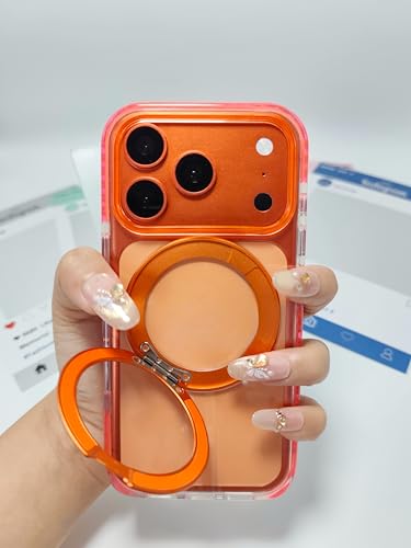 for iPhone 17 Case Clear Magnetic Phone Cases with 360°Stand,[Fit for MagSafe] Acrylic Transparent Case,Anti-Yellowing Rugged Shockproof Protective Cell Cover,6.3" Orange - color: Orange
