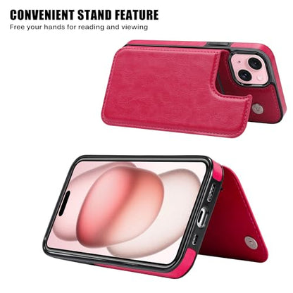 Wallet Case Compatible with iPhone 15 6.1”,Slim Protective case with Card Holder, PU Leather Kickstand Card Slots Case with a Screen Protector-Rose Red - color: Rose Red