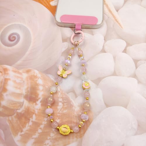 Cute Phone Wrist Strap Chic Beaded Cellphone Lanyard Phone Charm Grip Strap - color: Pink Butterfly