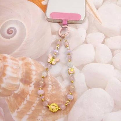 Cute Phone Wrist Strap Chic Beaded Cellphone Lanyard Phone Charm Grip Strap - color: Pink Butterfly