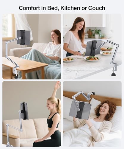 YICOSUN Tablet Stand for Desk - Heavy Duty Aluminum iPad Arm Mount with Super Grip Clamp, 360° Rotating Foldable Holder for 4.7-13" iPad, Kindle, Phone - Reading, Drawing, Video Call - Silver - color: Silver