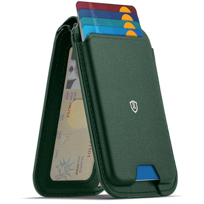 SHIELDON Genuine Leather Magnetic Wallet Stand for MagSafe, Evergreen | Strong Magnetic, 6 Card Holders, Kickstand, Rfid Blocking, Quick-access, ID Window, for iPhone 17/16/15/14/13/12 Series - color: Evergreen