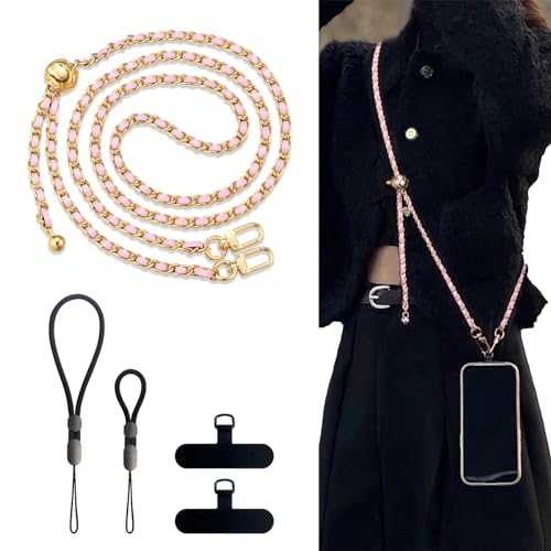 BFSDDM Crossbody Phone Strap, 2 Pads, Leather & Wrist Strap, Adjustable Finger Strap, Universal Phone Lanyard (Pink) - color: Gold/Pink-adjustable