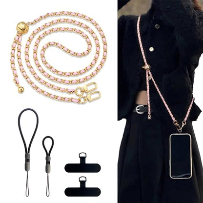 BFSDDM Crossbody Phone Strap, 2 Pads, Leather & Wrist Strap, Adjustable Finger Strap, Universal Phone Lanyard (Pink) - color: Gold/Pink-adjustable