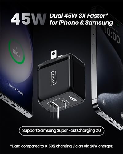 USB C Charger, INIU 2-Port 45W Super Fast Charger Type C, Mini Foldable PD PPS USB C Wall Charger Block by GaN Tech for Samsung Galaxy S23 Ultra iPhone 16 15 14 MacBook iPad Pro Steam Deck etc