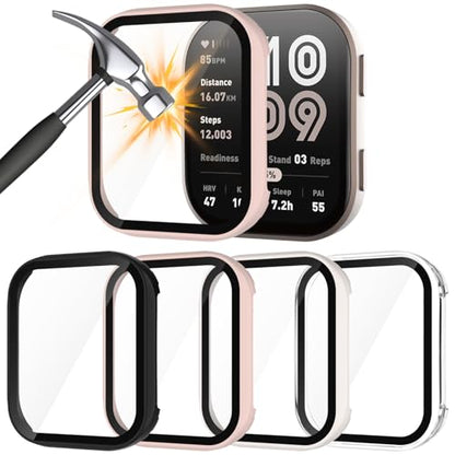 Case Compatible with Amazfit Bip 6 Smart Watch 46mm, 4-Pack Hard PC Cover with HD Tempered Glass Screen Protector Anti-scratch Ultra-thin Shell for Amazfit Bip 6 (Black+Pink+Beige+Clear) - color: Black+Pink+Beige+Clear