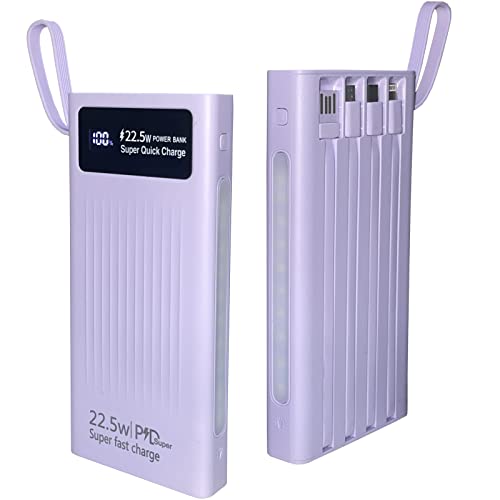 Portable Charger with Built in Cables,Mandarooker 10000mAh Power Bank with LED Lamp Fast Charging USB C External Battery Pack Phone Charger with LED Display for iPhone, Samsung and Cell Phones(Purple) - color: Purple