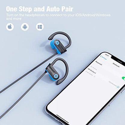 Boean Bluetooth Headphones, Bluetooth 5.3 Wireless Headphones with 16 Hours Playtime, Stereo Bass IPX7 Waterproof Over Ear Earphones AI Music Generation for Workout and Sports Running - color: Blue