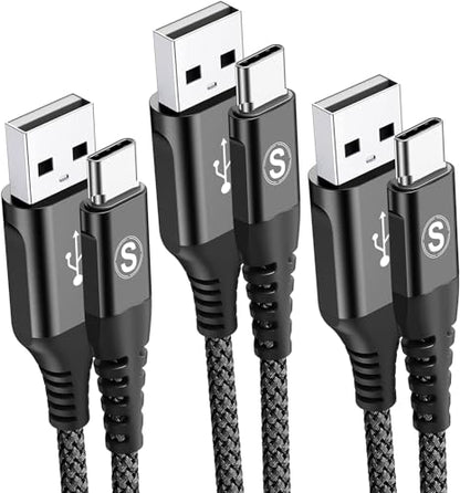 sweguard USB to USB C Cable 3-Pack 10ft 6.6ft 3.3ft Fast Charging Braided - color: Black, size: 10ft+6.6ft+3.3ft
