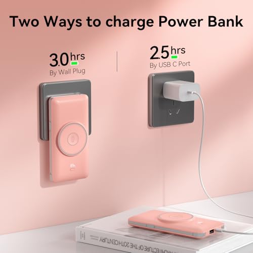 Magnetic 10000mAh Portable Charger for iWatch & iPhone, PD Fast Charging Wireless Power Bank Built-in Cables and Wall Plug, External Travel Battery Pack Compatible with iOS Android Phones - color: Pink