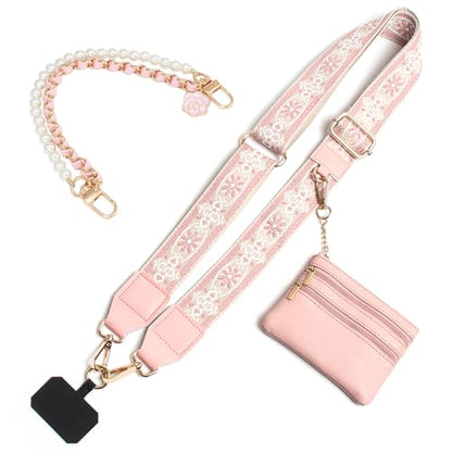 Phone Strap with Zippered Pouch, Clip and Go Strap for Phone with Wallet Crossbody, Adjustable Crossbody Phone Strap-1 - color: Jacquard Pink