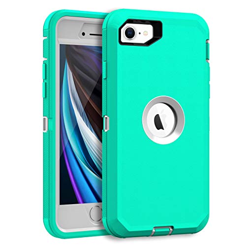 MXX Case Designed for iPhone SE Case 2020 /SE 2022 Heavy Duty Protective Case with Screen Protector [3 Layers] Rugged Rubber Protection Cover & Rotating 360 Degree Belt Clip SE 3rd/2nd Gen(Aqua/White) - color: Aqua/White