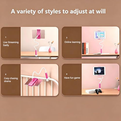 2-in-1 Gooseneck Phone & Tablet Holder for Bed, Flexible Clamp Mount & Overhead Stand for Desk & Headboard, Compatible with iPhone 17/16/15/14 and 4–10.6" Devices (Pink) - color: Pink