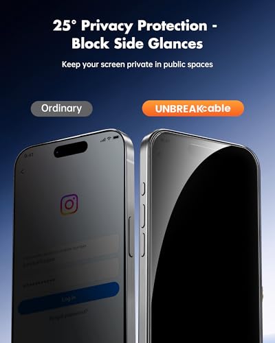 UNBREAKcable iPhone 15 Pro Privacy Screen Protector 2-Pack, Upgraded Dual-Tempered Glass + 2 Camera Lens Protectors, 25° Anti-Spy, Military-Grade 9H+, HD Clear, Anti-Fingerprint, 6.1 Inch - size: iPhone 15 Pro
