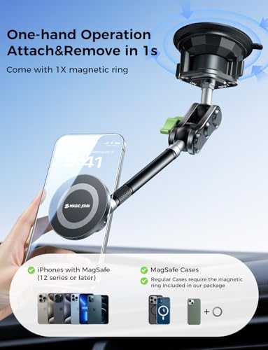 MAGIC JOHN Magnetic Car Phone Holder, Windshield Metal Suction Cup Mount - style: Extended