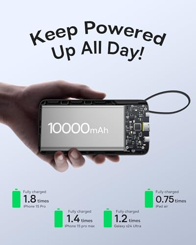 Baseus Portable Charger, 10000mAh Fast Charging Power Bank, 22.5W PD3.0 QC4+ Battery Pack Built-in USB C Braided Cable, Travel Essentials Portable Phone Charger for iPhone 18 17 16 15, iPad, S26/S25