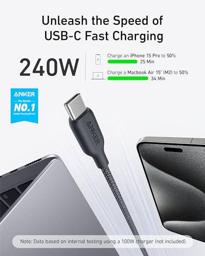 Anker USB C Cable, 240W Type C Fast Charging, USB 2.0(10 ft, Phantom Black) - size: 10ft