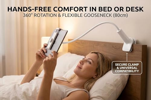 Mobile Phone Holder with 360° Rotation for Bedside, Hands-Free Secure Grip, Soft Arm Clamp Stand(white-24in) - color: white-24in