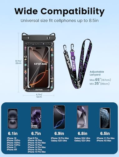 Paul Frank Waterproof Phone Pouch Floating, 2 Pack IPX8 Waterproof Phone Case with Lanyard for iPhone 17 16 15 14 Pro Max Galaxy S25 S24, Cellphone Dry Bag Beach Cruise Ship Essentials(up to 8.5") - color: Black&Black