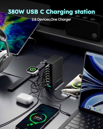 380W USB-C Charger Block, 8-Port USB-C Charging Station PD 30W + 100W PC Laptop, Fast Charging Hub with High-Power Fast Charging Cable for MacBook Pro/Air, DELL, iPad, iPhone, Samsung Galaxy Black - color: 380W Black
