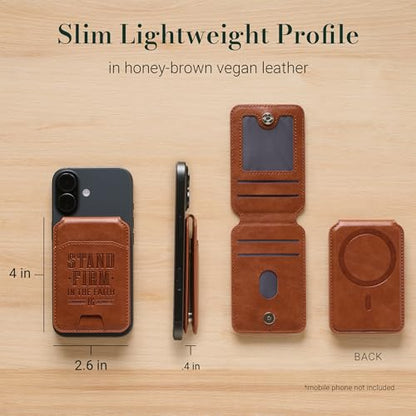 Christian Art Gifts Magnetic Phone Wallet, Stand Firm Bible Verse, Honey Brown Faux Leather, MagSafe Wallet Stand, Snap Closure, 3.9" x 2.5" - color: Brown Snap Closure/Stand Firm