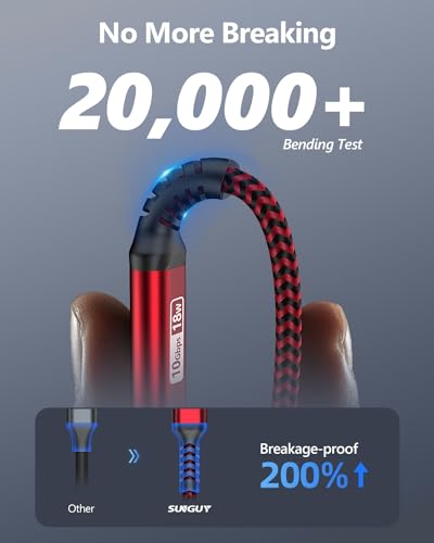 SUNGUY 10Gbps 6 inch Android Auto USB Cable, 3A USB C 3.1 Gen2 Cable Data Transfer, USB C CarPlay Cable Fast Charging Compatible with iPhone 17/16/15 Series, Samsung Galaxy S25 S24 Ultra, Pixel - color: Red, size: 0.5FT