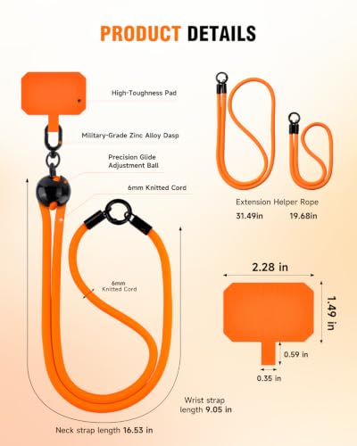 Untvie 2026 New 3-in-1 Phone Lanyard, Adjustable Neck Wrist Strap & Phone Crossbody Strap with 2 Extension Ropes Black Pads, Anti-Theft Universal Cell Phone Holder Tether for iPhone Android (Orange) - color: Orange