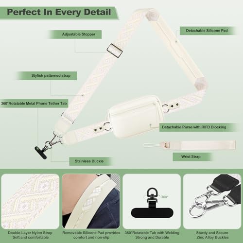 YFWE Clip and Go Strap for Phone with Wallet Crossbody, Adjustable Phone Lanyard with Detachable RFID Wristlet Wallet, Pattern Strap, Cream (M) - color: Cream-pattern Strap, size: Medium