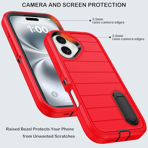 for iPhone 16 Case with Screen Protector, Heavy Duty Shockproof Drop Protection Military Grade Tri-Layer Full Covered Rugged Durable Cell Phone Cover with Built-in Invisible Kickstand 6.1“ (Red) - color: Red