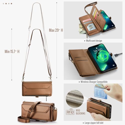Strapurs Wallet Case Compatible with iPhone 13 Pro RFID Blocking 7-Card Holder Soft PU Leather Magnetic Snap Shoulder Strap Zipper Pocket Phone Case Fit for iPhone 13 Pro 6.1" - Brown | RFID Blocking 7-Card Holder, Shoulder Lanyard, Wirst Strap, Zipper Po