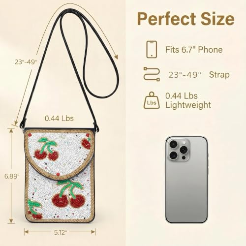 Small Crossbody Bags for Women, Cell Phone Shoulder Bag Boho Wallet Purse - color: Cherry White