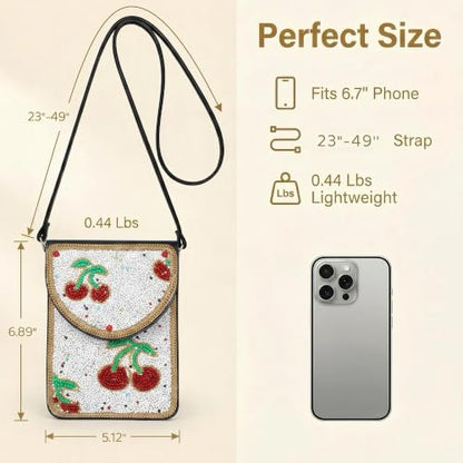 Small Crossbody Bags for Women, Cell Phone Shoulder Bag Boho Wallet Purse - color: Cherry White