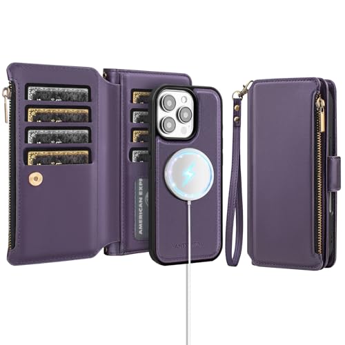 Antsturdy Compatible with MagSafe iPhone 16 Pro Max Wallet Case,Purple | Detachable Magnetic Credit Card Holder,RFID Blocking,PU Leather Zipper Purse,Wrist Strap Kickstand,Flip Phone Cover for Women - color: (Detachable with Magsafe)-Purple