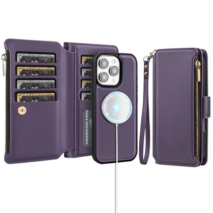 Antsturdy Compatible with MagSafe iPhone 16 Pro Max Wallet Case,Purple | Detachable Magnetic Credit Card Holder,RFID Blocking,PU Leather Zipper Purse,Wrist Strap Kickstand,Flip Phone Cover for Women - color: (Detachable with Magsafe)-Purple