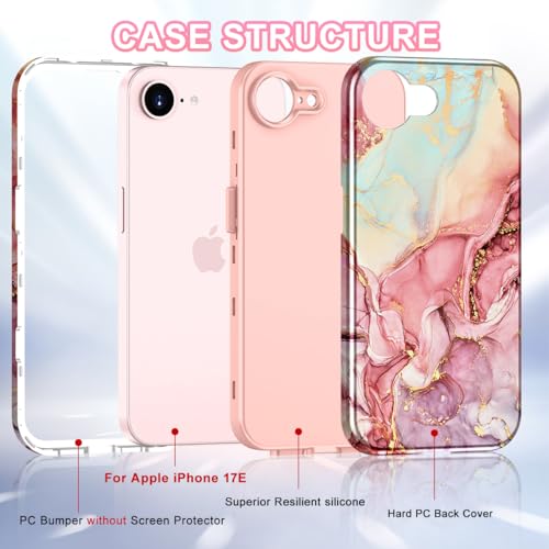 Btscase Compatible with iPhone 17e Case 6.1 Inch 2026,Marble Pattern 3 in 1 Heavy Duty Shockproof Full Body Rugged Hard PC+Soft Silicone Drop Protective Women Girl Phone Cases, Rose Gold - color: A-Rose Gold, size: iPhone 17e