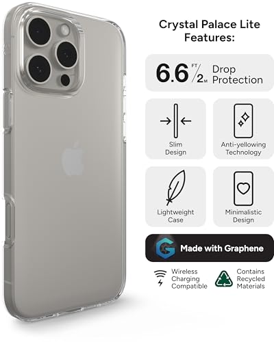 ZAGG Crystal Palace Lite Case for iPhone 16 Pro Max - Ultra-Slim, Ultimate Drop Protection with Graphene Reinforcement, Anti-Yellowing Technology, Wireless Charging Compatible, Clear - size: iPhone 16 Pro Max, style: Without Magsafe