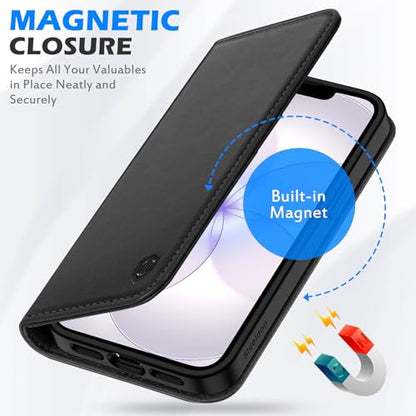 SHIELDON Genuine Leather Folio Wallet Case for iPhone 17e/16e 6.1", Black | Flip Magnetic Cover, Kickstand, RFID Blocking, 3 Credit Card Holder, Book Design, Shockproof, Soft Inner Phone Case - color: Black