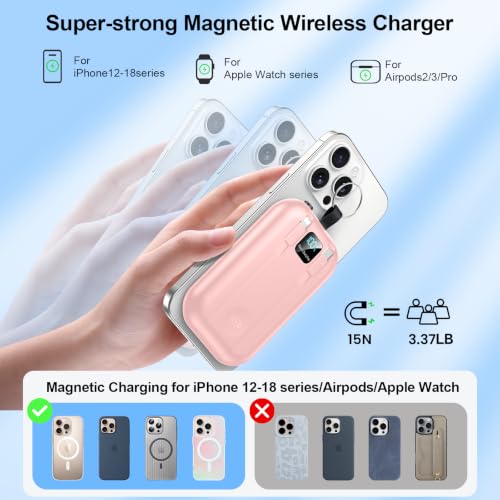 Magnetic Portable Charger 10000mAh Wireless Power Bank with Built-in Cables - color: pink