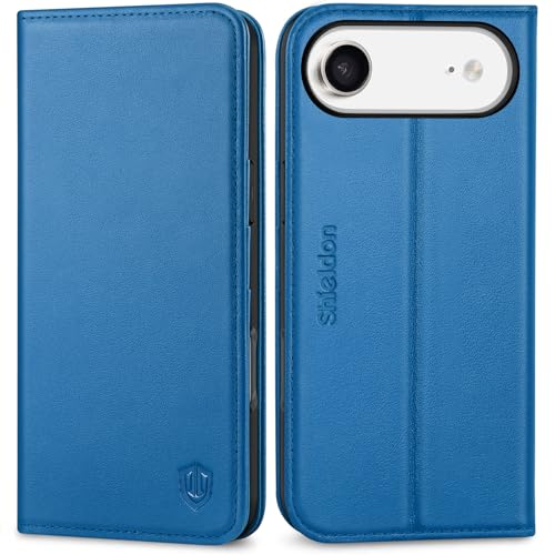 SHIELDON Genuine Leather Wallet Case for iPhone Air 6.5", Sapphire Blue | Magnetic Closure, RFID Blocking, Credit Card Holder, Kickstand, Folio Design, Shockproof Phone Cover - color: Sapphire Blue